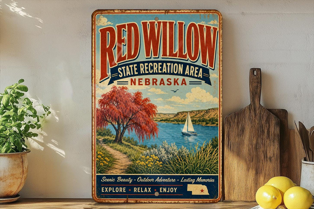 A vintage-style sign for the Red Willow State Recreation Area in Nebraska, featuring a scenic landscape with a sailboat on a lake.