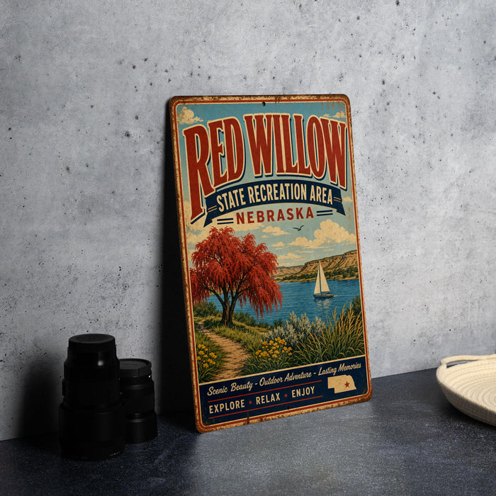A vintage-style metal sign for the Red Willow State Recreation Area in Nebraska, featuring a scenic landscape with a tree, a sailboat, and a path leading to a lake.
