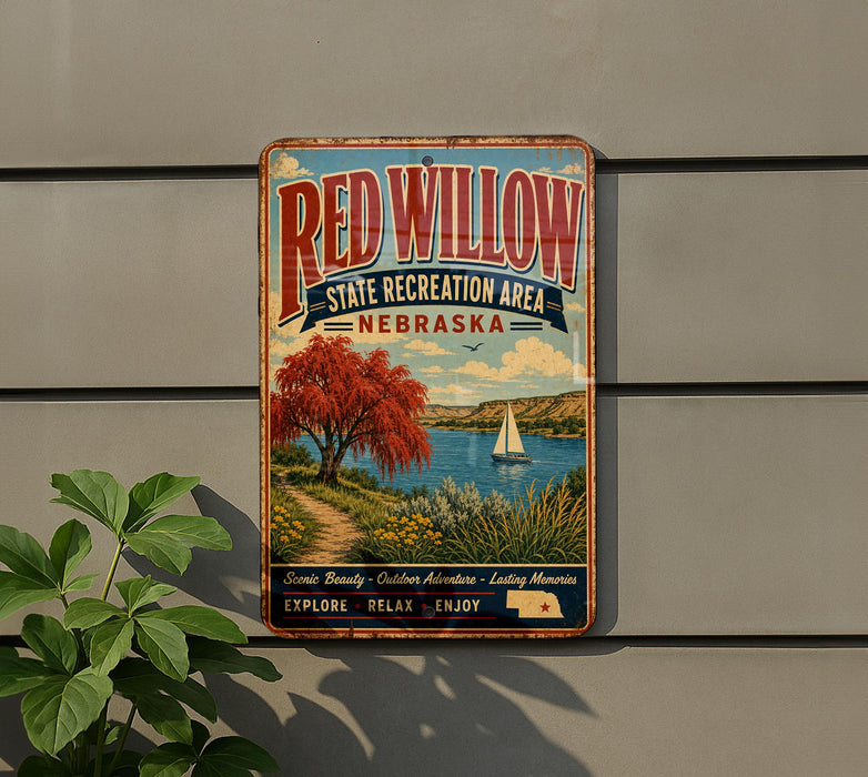 A vintage-style metal sign for the Red Willow State Recreation Area in Nebraska, featuring a scenic landscape with a red willow tree, a sailboat on a lake, and a path leading to a scenic overlook.
