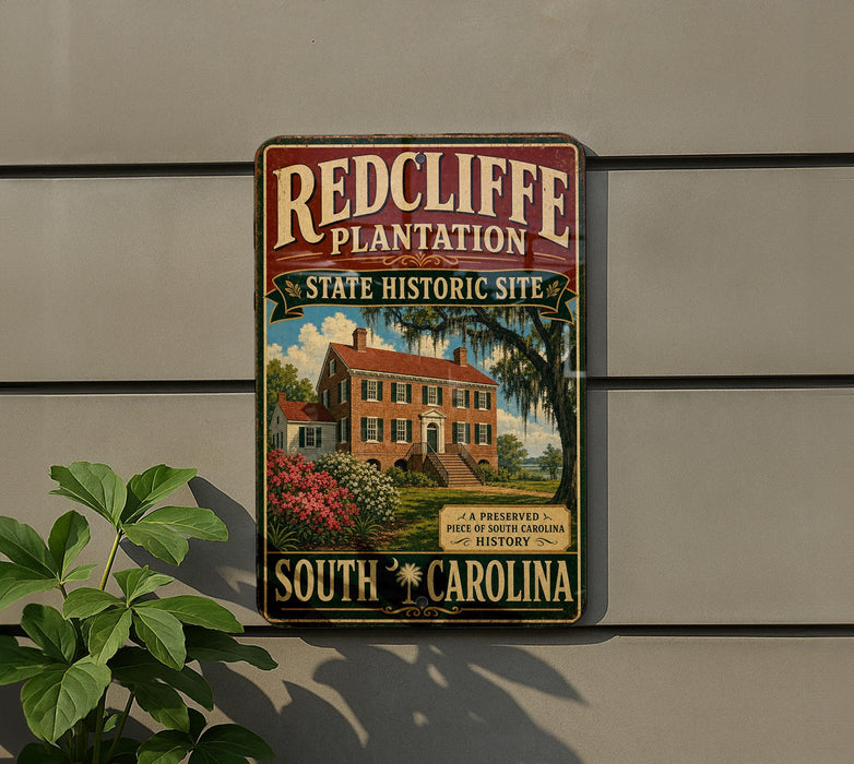 A vintage-style sign for Redcliffe Plantation, a historic site in South Carolina, featuring a large image of a historic house surrounded by trees and flowers.