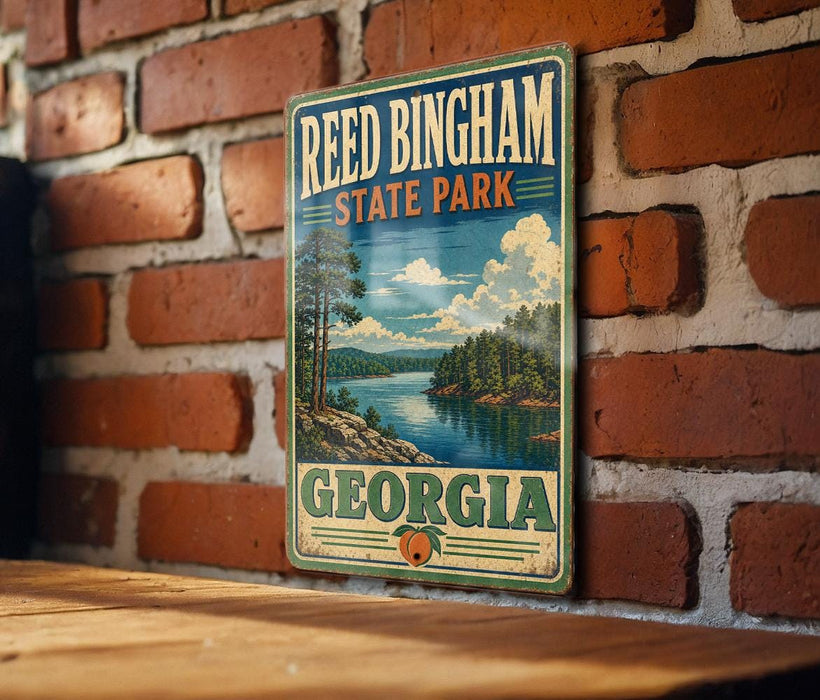 A vintage-style metal sign for Reed Bingham State Park in Georgia, featuring a scenic landscape with a lake and mountains.
