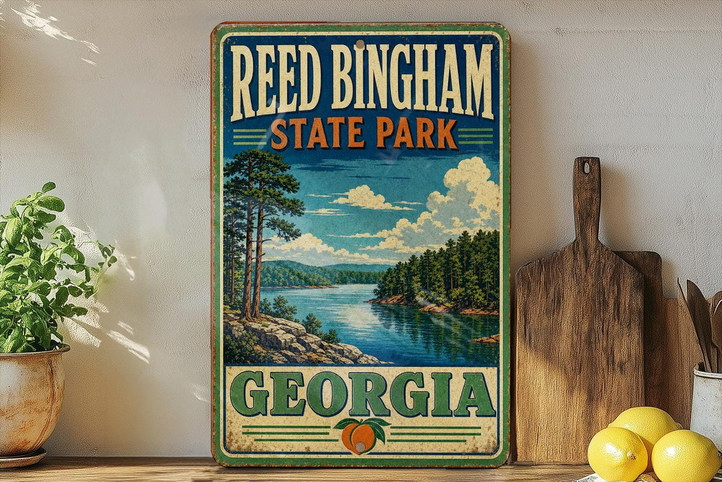 A vintage-style sign for Reed Bingham State Park in Georgia, featuring a scenic landscape with a lake and forest.