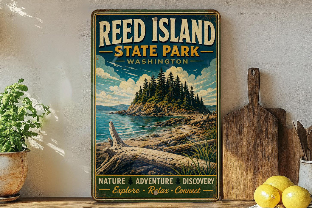 A vintage-style metal sign for Reed Island State Park in Washington, featuring a scenic landscape with a rocky island, pine trees, and a body of water.