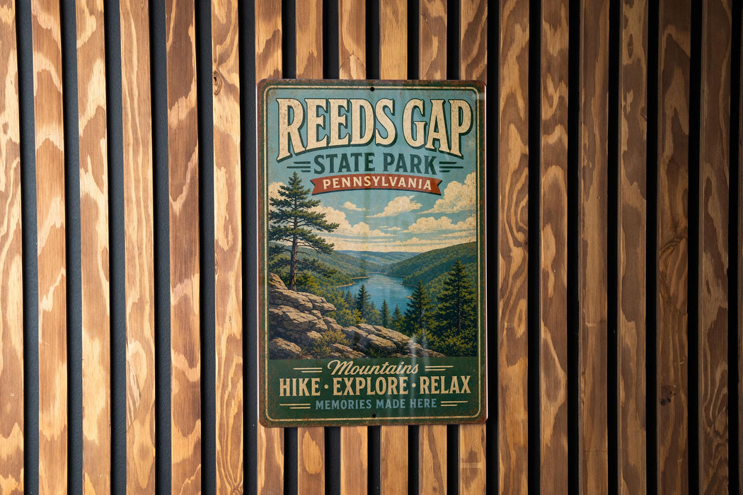 A vintage-style metal sign for Reeds Gap State Park in Pennsylvania, featuring a scenic mountain landscape with pine trees and a lake.