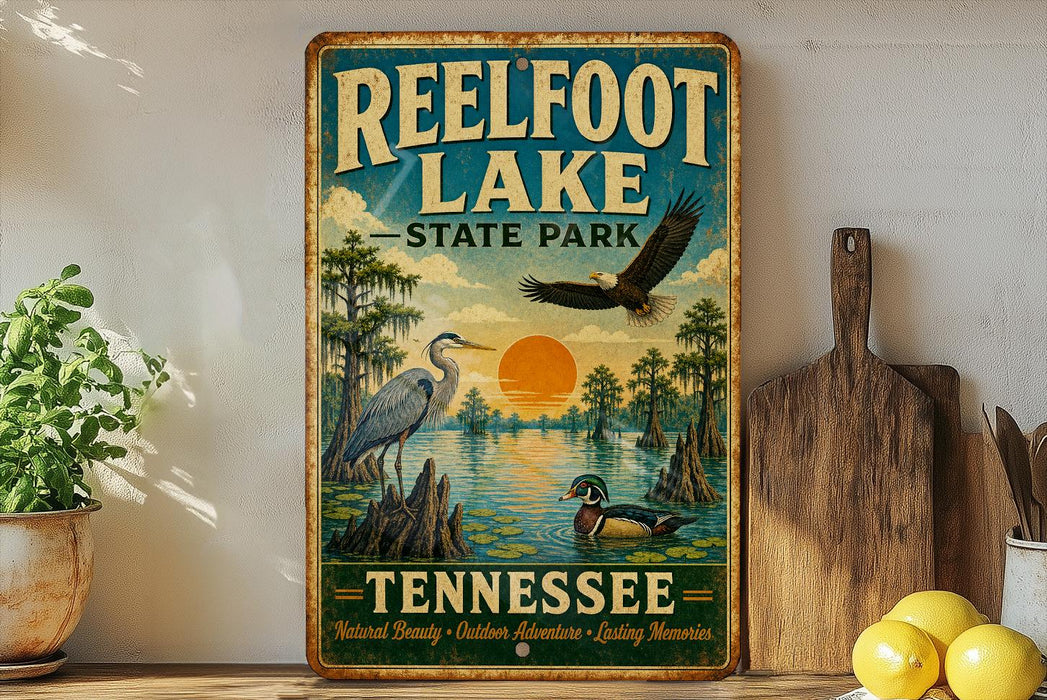 A vintage-style sign for Reelfoot Lake State Park in Tennessee, featuring illustrations of birds and a sunset over the lake.