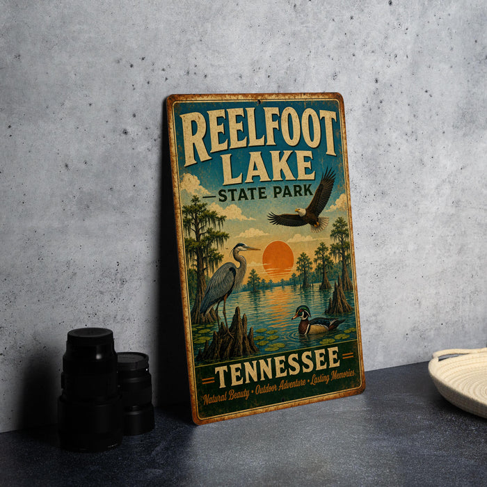 A vintage-style sign for Reelfoot Lake State Park in Tennessee, featuring illustrations of birds and a sunset over the lake.