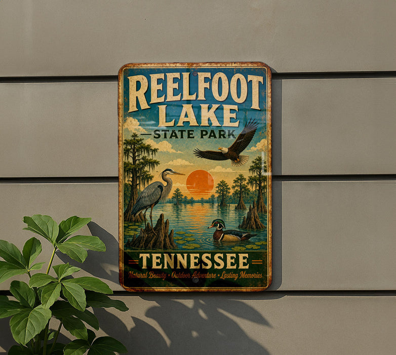A vintage-style sign for Reelfoot Lake State Park in Tennessee, featuring an illustration of a bird, a duck, and a sunset over the lake.