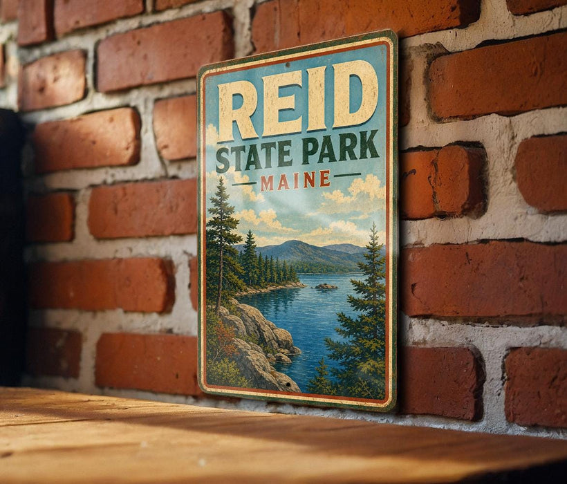 A vintage-style sign for Reid State Park in Maine, featuring a scenic landscape with pine trees, a lake, and mountains in the background.