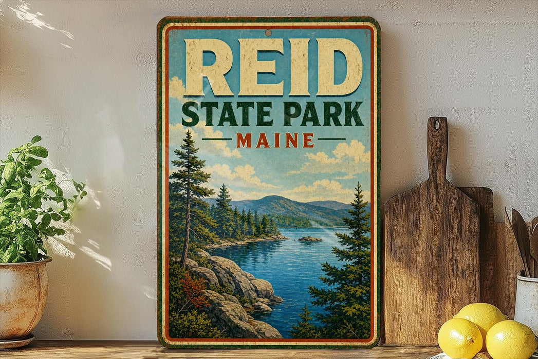 A vintage-style sign for Reid State Park in Maine, featuring a scenic landscape with pine trees, a lake, and mountains.
