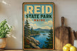 A vintage-style sign for Reid State Park in Maine, featuring a scenic landscape with pine trees, a lake, and mountains.