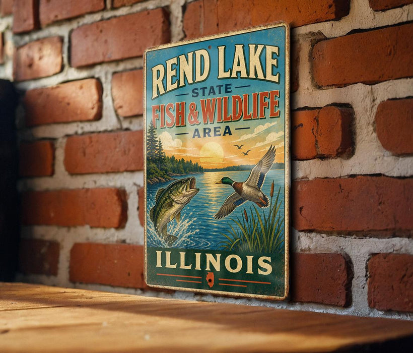 A vintage-style sign for the Rend Lake State Fish & Wildlife Area in Illinois, featuring illustrations of fish and wildlife.