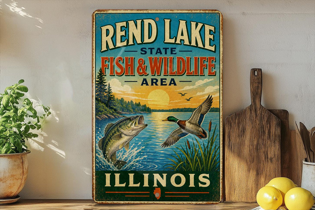 A vintage-style metal sign for the Rend Lake State Fish & Wildlife Area in Illinois, featuring illustrations of fish and wildlife against a sunset backdrop.