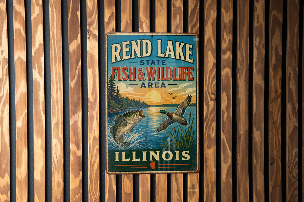 A vintage-style metal sign for Rend Lake State Fish & Wildlife Area in Illinois, featuring illustrations of fish and wildlife.