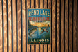 A vintage-style metal sign for Rend Lake State Fish & Wildlife Area in Illinois, featuring illustrations of fish and wildlife.