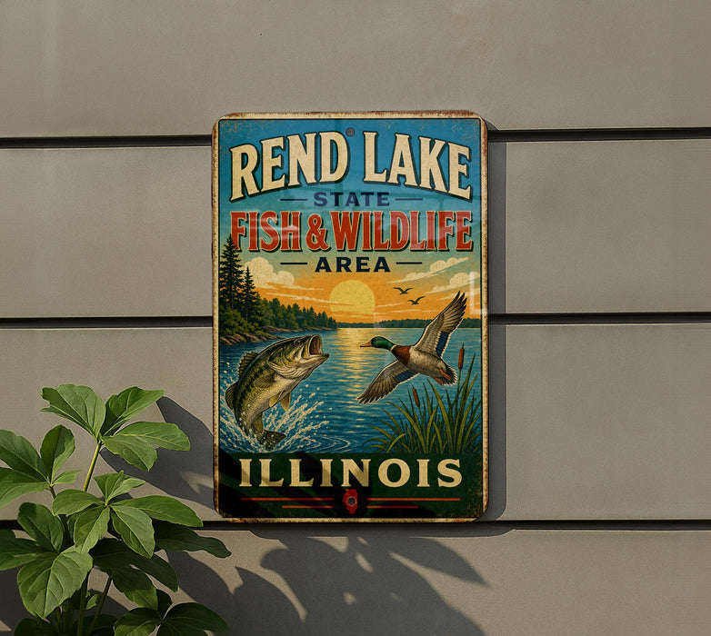 A vintage-style sign for Rend Lake, Illinois, featuring illustrations of fish and wildlife in a scenic landscape.