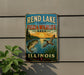 A vintage-style sign for Rend Lake, Illinois, featuring illustrations of fish and wildlife in a scenic landscape.