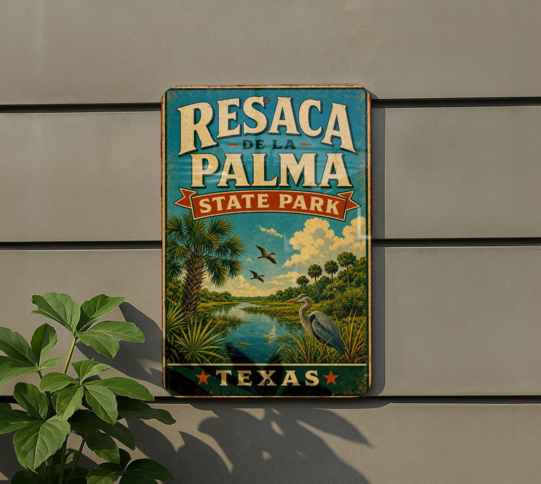 A vintage-style sign for Resaca de la Palma State Park in Texas, featuring palm trees, a bird, and a body of water.