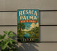 A vintage-style sign for Resaca de la Palma State Park in Texas, featuring palm trees, a bird, and a body of water.
