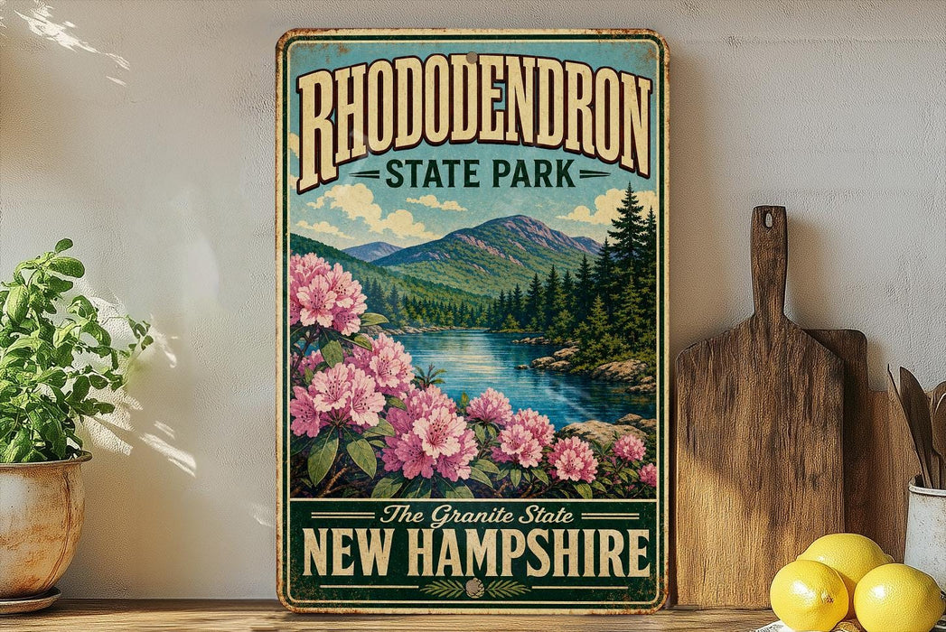 A vintage-style sign for Rhododendron State Park in New Hampshire, featuring a scenic landscape with mountains, a river, and pink flowers.