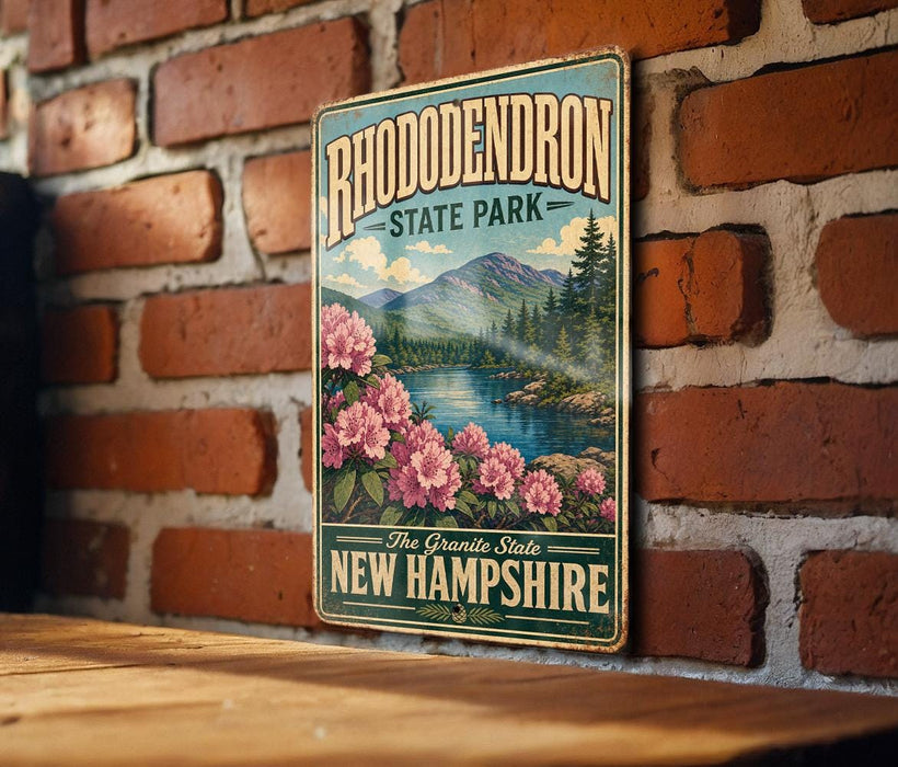 A vintage-style sign for Rhododendron State Park in New Hampshire, featuring a scenic landscape with mountains, a river, and pink flowers.