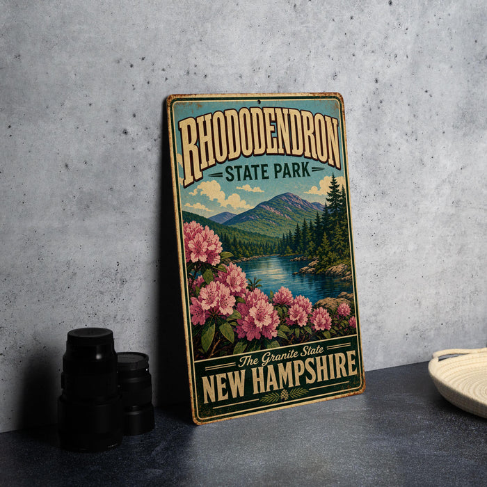 A vintage-style sign for Rhododendron State Park in New Hampshire, featuring a scenic landscape with mountains, a river, and pink flowers.