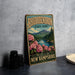 A vintage-style sign for Rhododendron State Park in New Hampshire, featuring a scenic landscape with mountains, a river, and pink flowers.