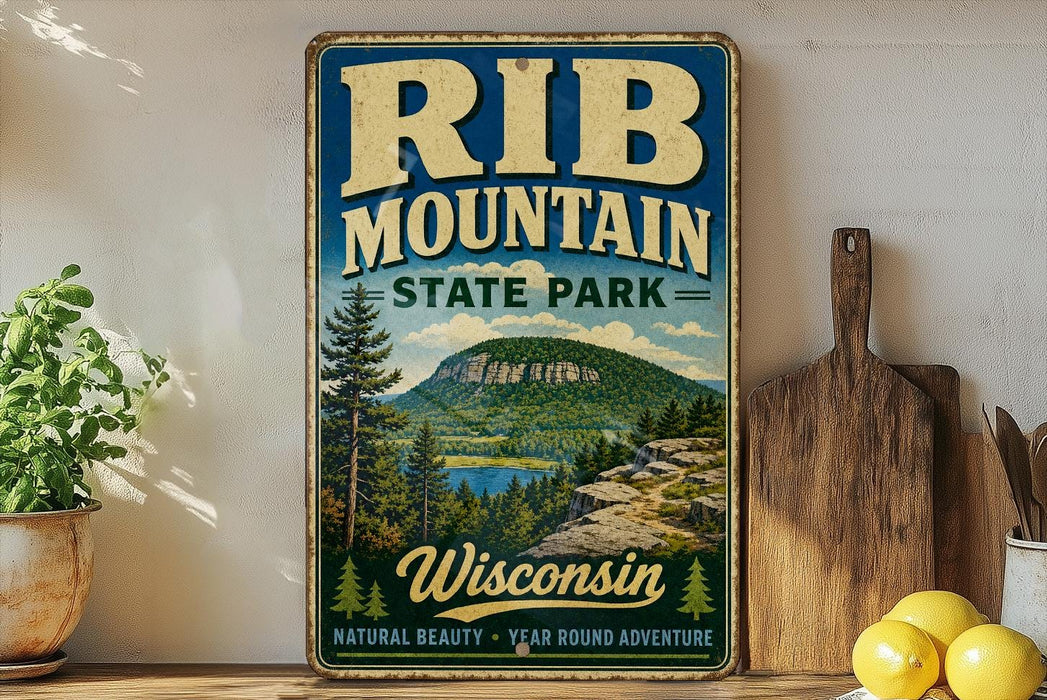 A vintage-style sign for Rib Mountain State Park in Wisconsin, featuring a scenic mountain landscape with pine trees and a lake.
