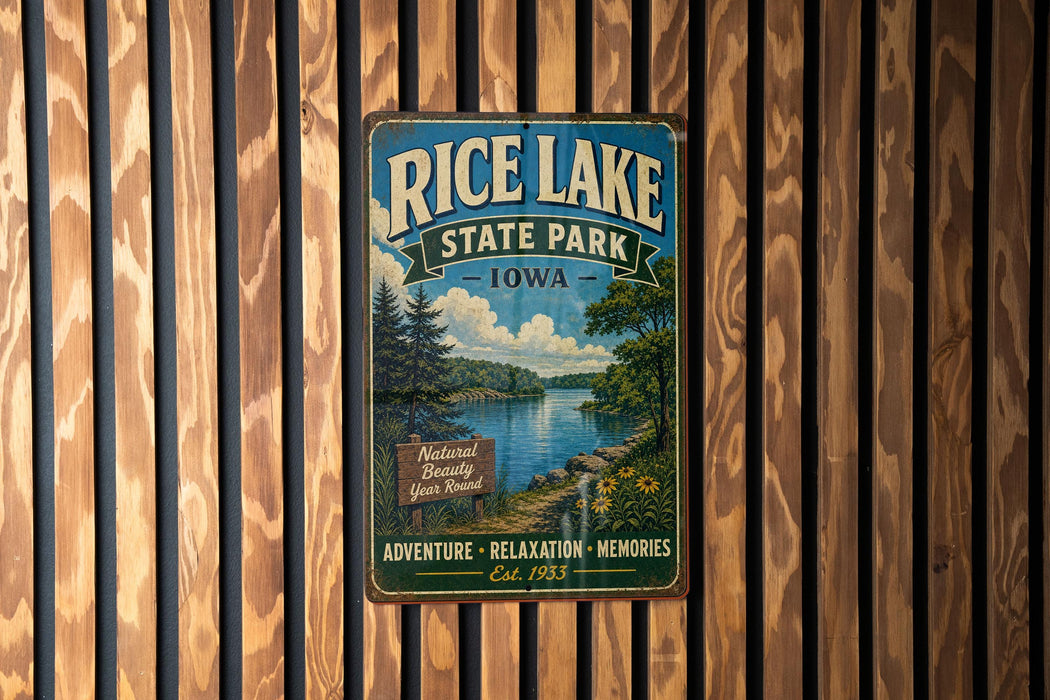 A vintage-style metal sign for Rice Lake State Park in Iowa, featuring a scenic landscape with a river, trees, and a sign indicating the park's name.