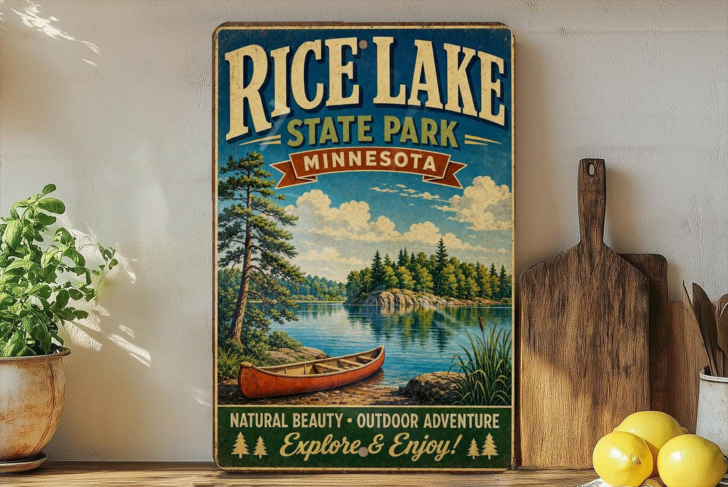 A vintage-style poster advertising Rice Lake State Park in Minnesota, featuring a scenic image of a lake, pine trees, and a canoe.