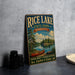 A vintage-style metal sign for Rice Lake State Park in Minnesota, featuring a scenic illustration of a lake, canoe, and forest.