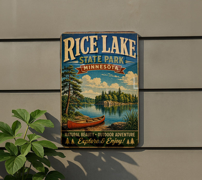 A vintage-style sign for Rice Lake State Park in Minnesota, featuring a scenic image of a lake with a canoe and pine trees.