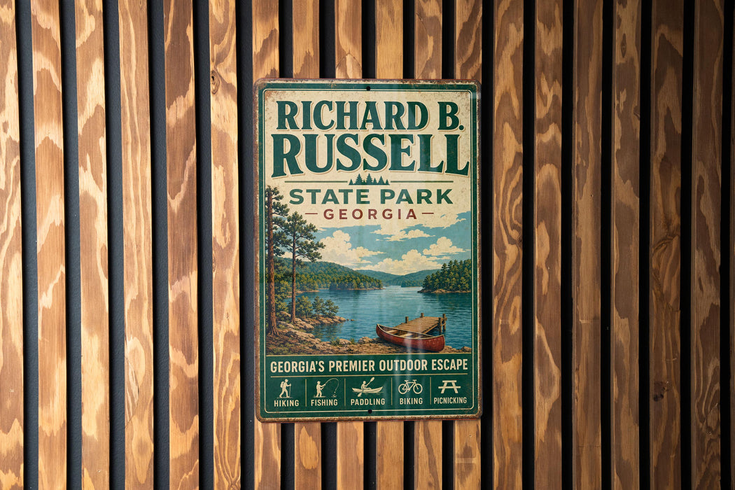 A vintage-style metal sign for Richard B. Russell State Park in Georgia, featuring a scenic illustration of a lake and mountains.