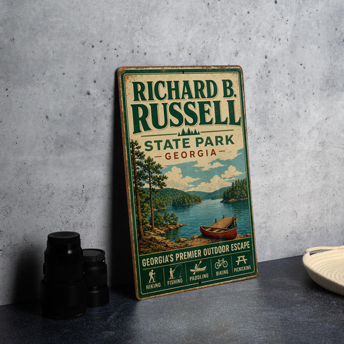 A vintage-style sign for Richard B. Russell State Park in Georgia, featuring a scenic illustration of a lake, trees, and a canoe.