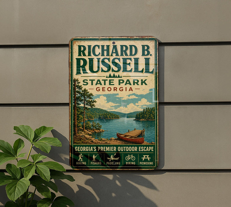 A vintage-style metal sign for Richard B. Russell State Park in Georgia, featuring a scenic image of a lake and mountains.