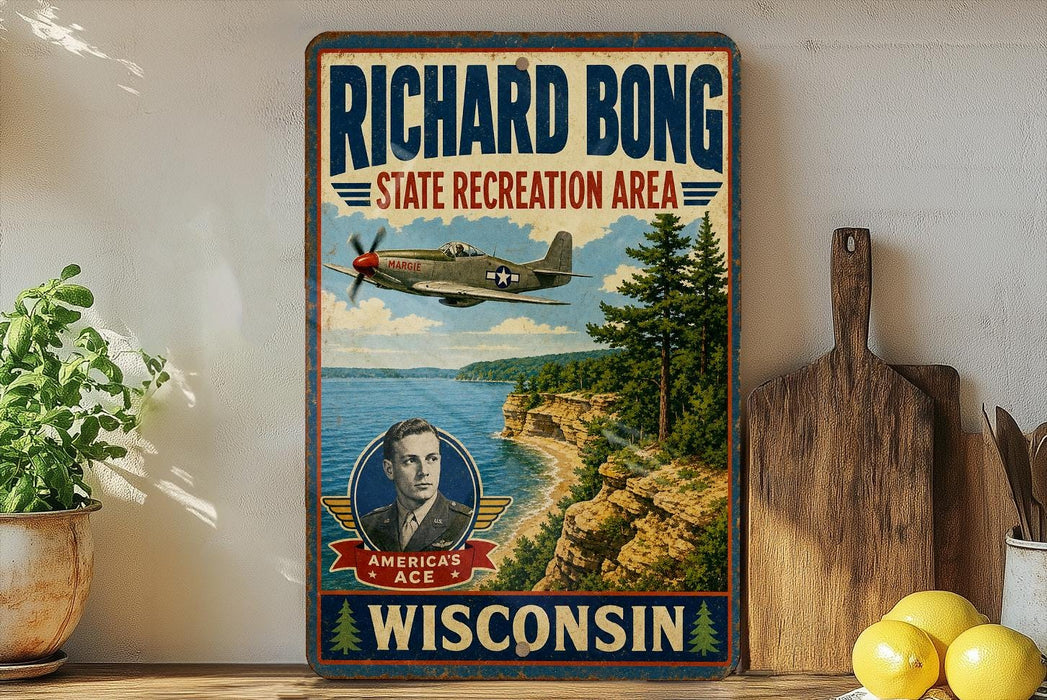 A vintage-style sign for the Richard Bong State Recreation Area in Wisconsin, featuring a vintage airplane and a portrait of a man.