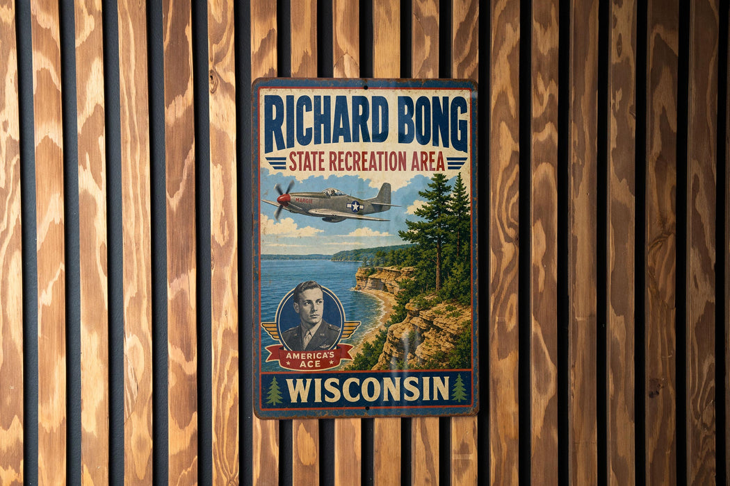 A vintage-style metal sign for the Richard Bong State Recreation Area in Wisconsin, featuring a propeller plane and a scenic landscape.