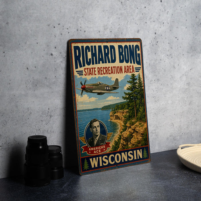 A vintage-style metal sign for Richard Bong's State Recreation Area in Wisconsin, featuring a vintage airplane and a scenic landscape.