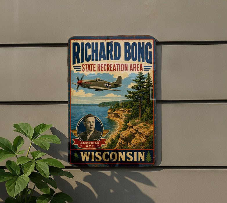 A vintage-style metal sign for the Richard Bong State Recreation Area in Wisconsin, featuring a military aircraft and a scenic landscape.