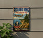 A vintage-style metal sign for the Richard Bong State Recreation Area in Wisconsin, featuring a military aircraft and a scenic landscape.