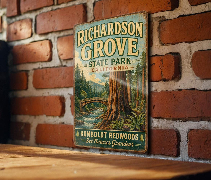 A vintage-style metal sign for Richardson Grove State Park in California, featuring a scenic illustration of a forest with a bridge and a river.