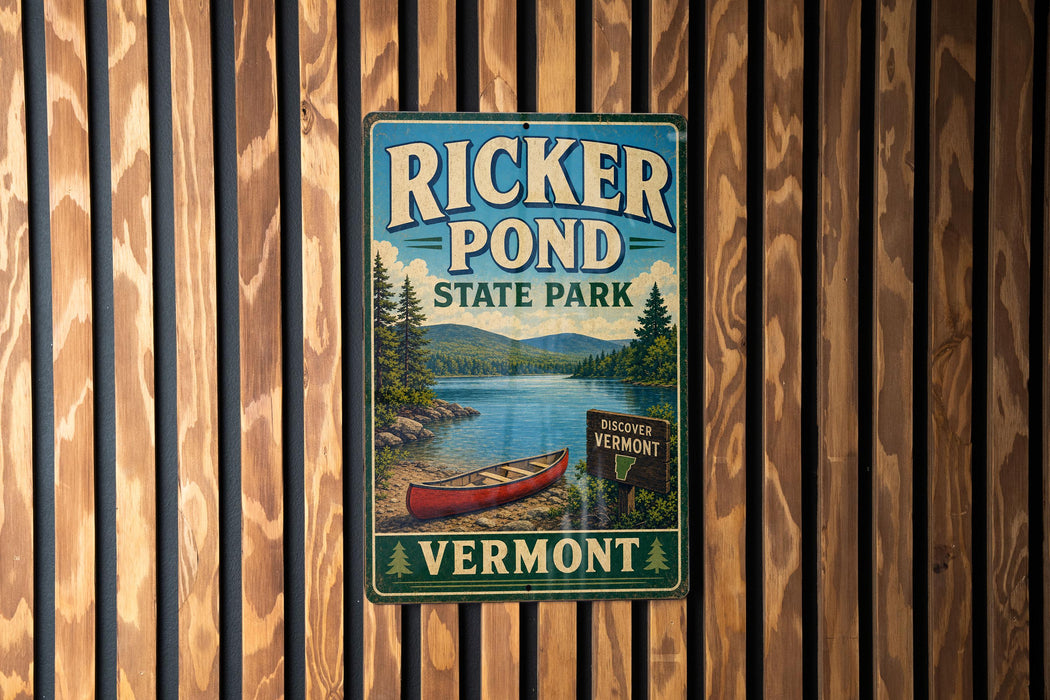 A vintage-style metal sign for Ricker Pond State Park in Vermont, featuring a red canoe and a scenic landscape.