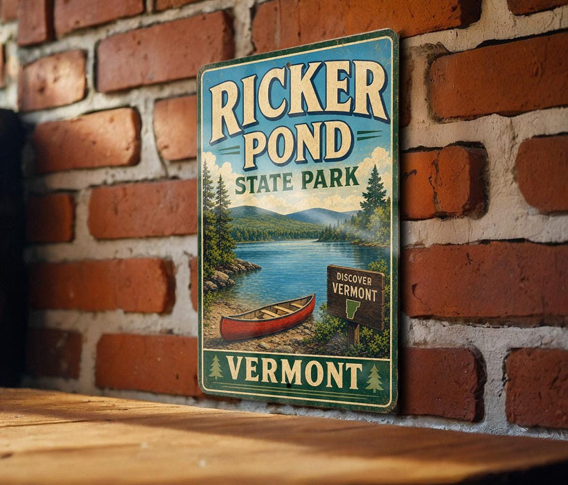 A vintage-style metal sign for Ricker Pond State Park in Vermont, featuring a scenic image of a lake with a red canoe and a sign indicating the location.