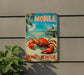 a sign with a crab on it, mounted on a wall.