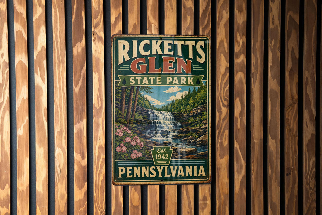 A vintage-style metal sign for Ricketts Glen State Park in Pennsylvania, featuring a waterfall and forest scenery.