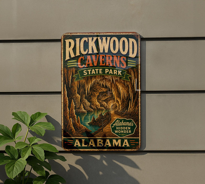 A vintage-style sign for Rickwood Caves State Park in Alabama, featuring an illustration of the cave system and the text "Rickwood Caves State Park Alabama's Hidden Wonder".
