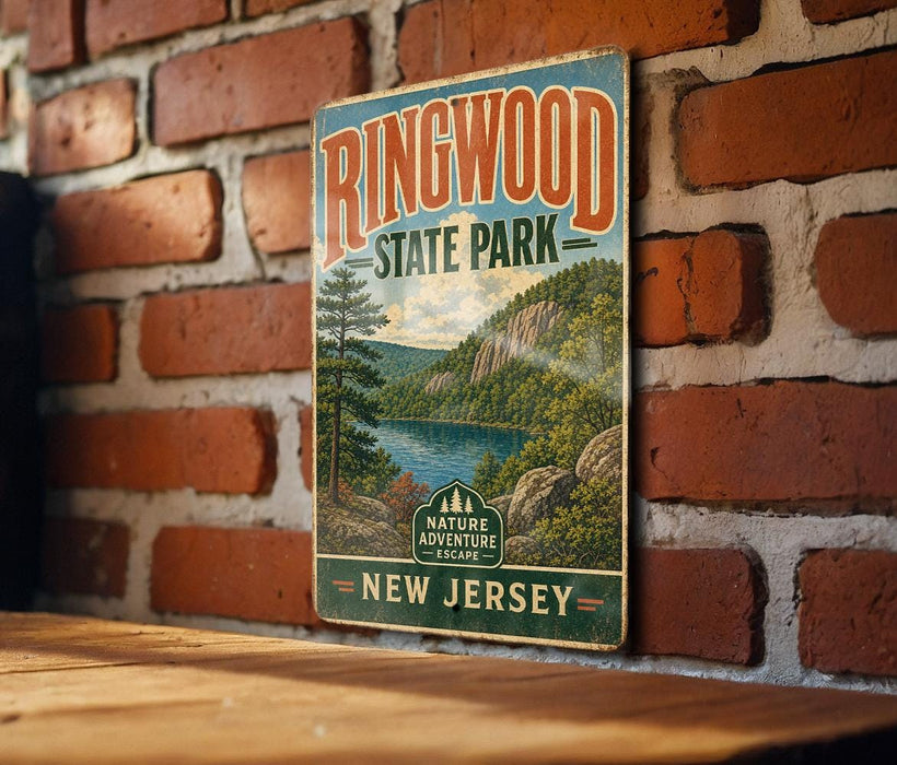 A vintage-style sign for Ringwood State Park in New Jersey, featuring a scenic landscape with a lake and mountains.