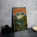 A vintage-style sign for Ringwood State Park in New Jersey, featuring a scenic landscape with a lake and mountains.