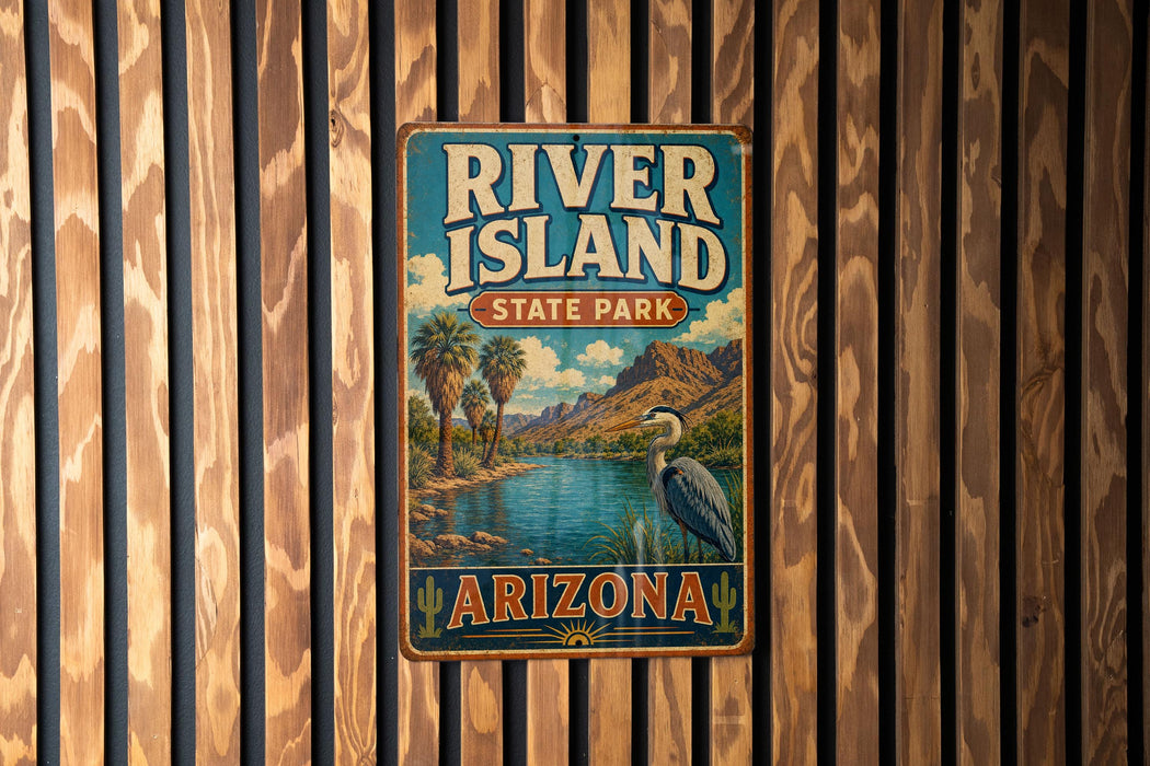 A vintage-style metal sign for River Island State Park in Arizona, featuring a scenic landscape with palm trees, mountains, and a bird.