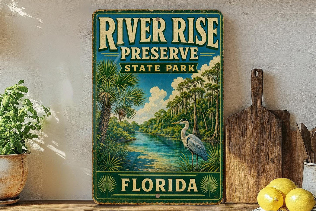 A vintage-style sign for River Rise Preserve State Park in Florida, featuring a serene landscape with palm trees, a heron, and a river.
