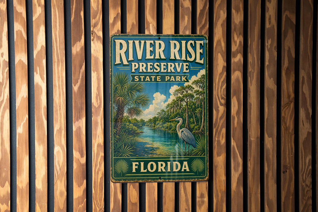 A vintage-style metal sign for River Rise Preserve State Park in Florida, featuring a tropical landscape with palm trees and a bird.